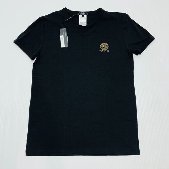 Versace T-Shirt Men's 4/ M Black Cotton Stretch Medusa Logo V-Neck NWT - Picture 12 of 14